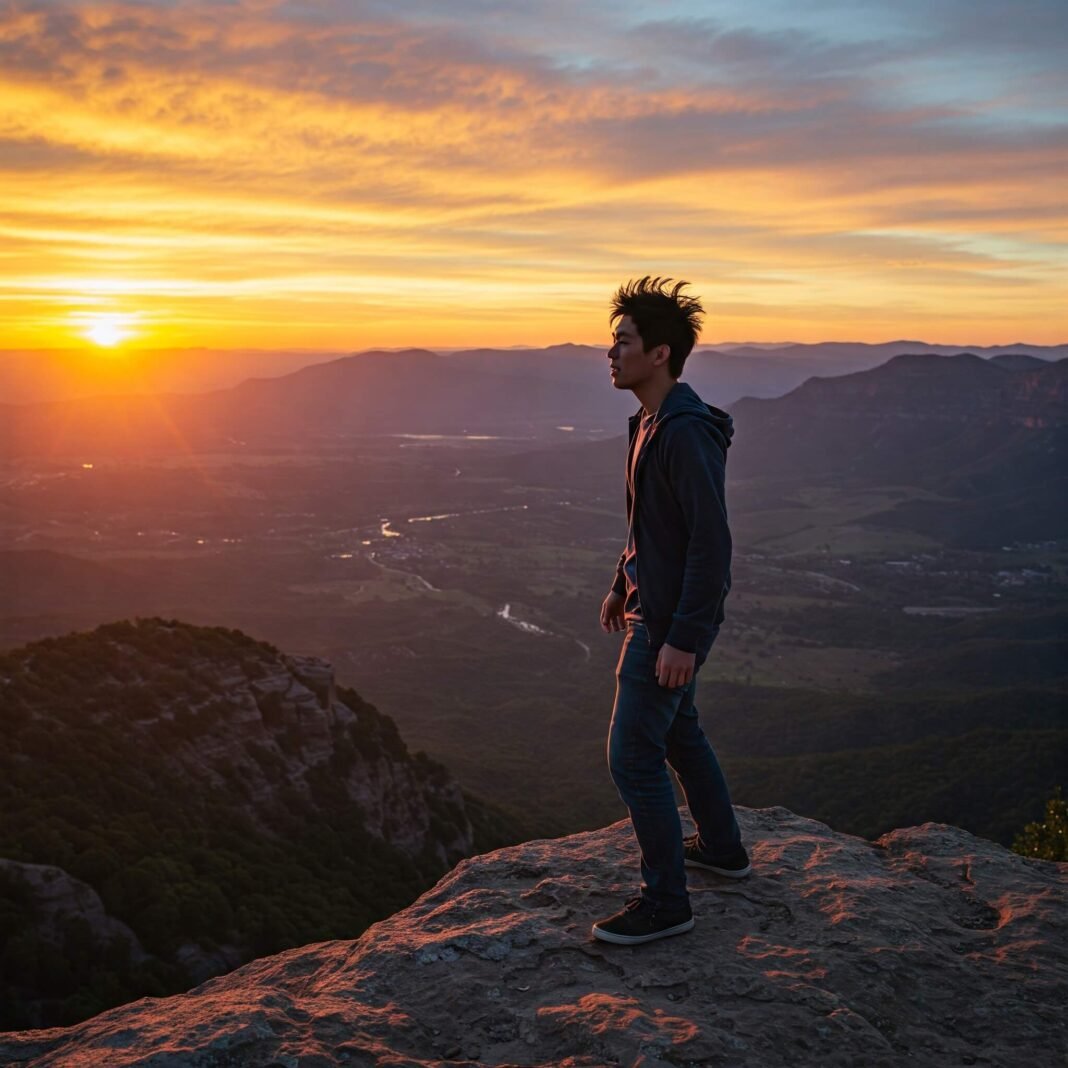 Person on a cliff edge at sunrise