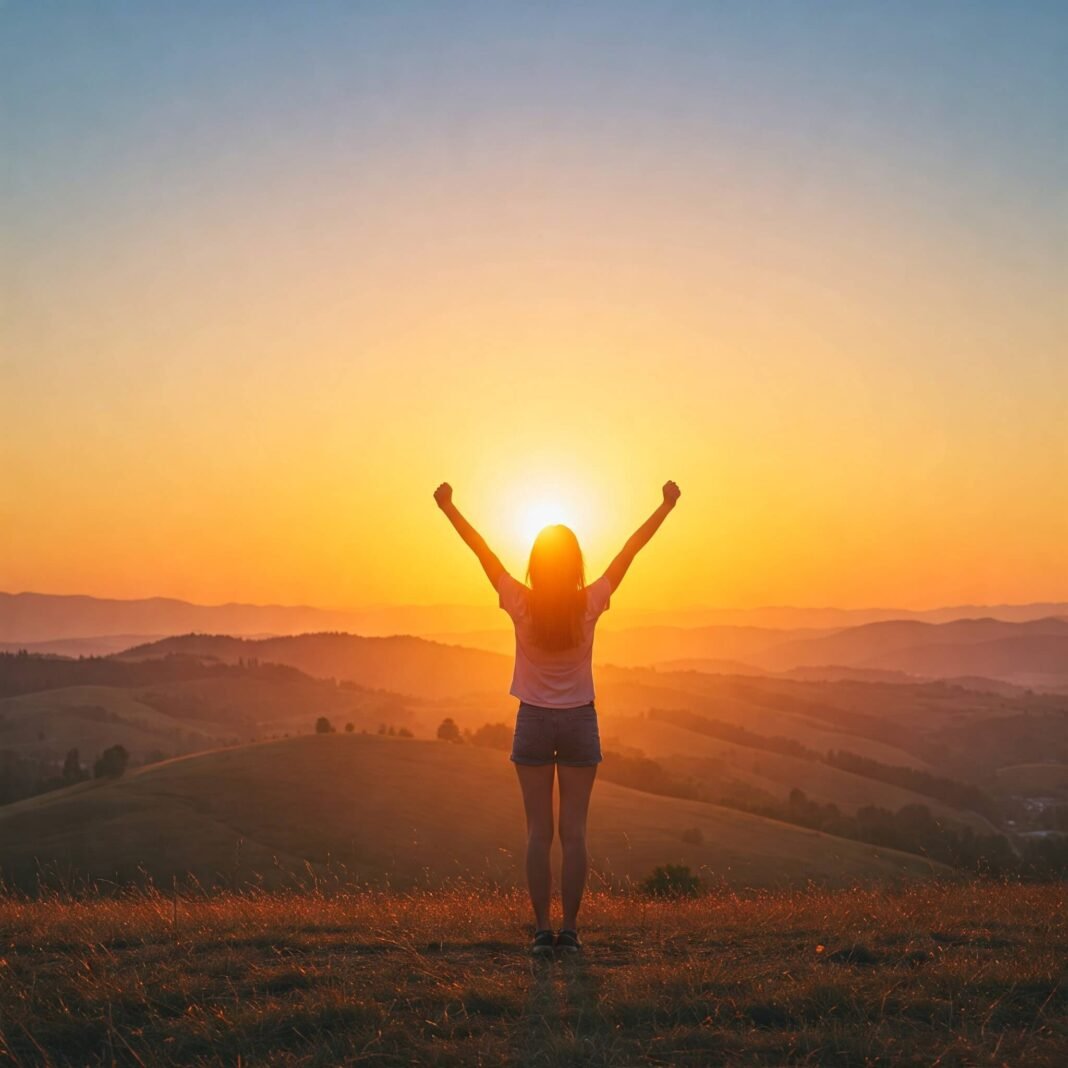 Person on hilltop at sunrise with arms raised