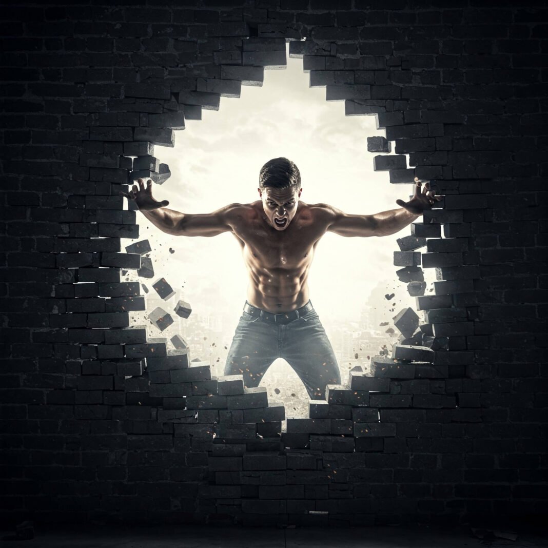 Person breaking through brick wall, light shining.