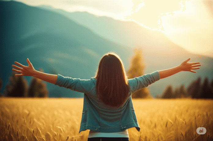 Person in sunny field with outstretched arms symbolizes emotional strength and freedom.