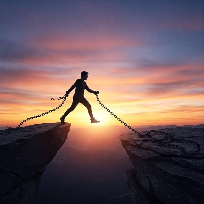 Person on cliff edge breaking chains at sunrise