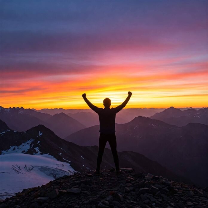 Person on summit at sunrise with arms raised