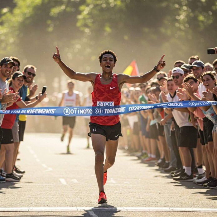 Person crossing finish line, cheering crowd.