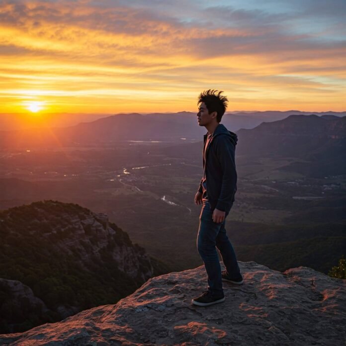 Person on a cliff edge at sunrise
