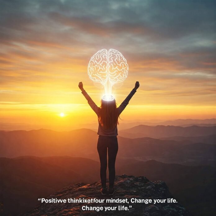 Person on a cliff at sunrise with a glowing brain-like light effect and quote.