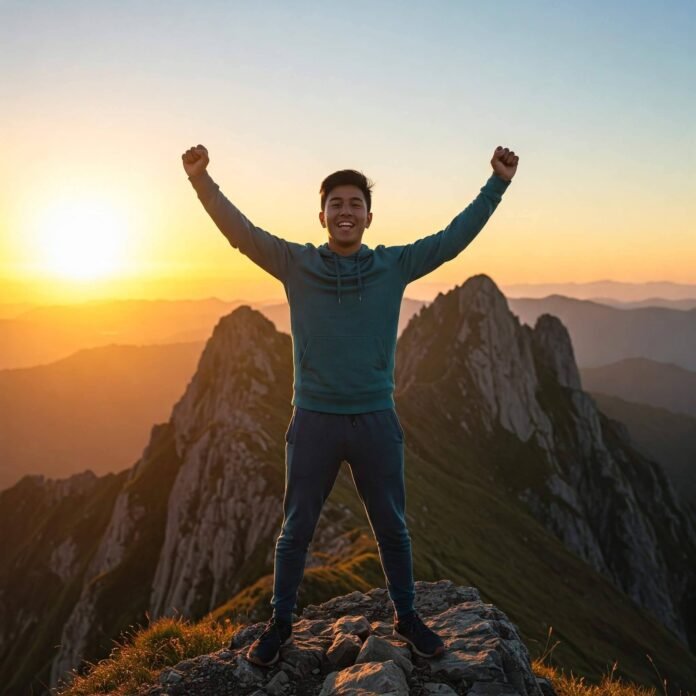 Person on mountaintop at sunrise, arms raised.