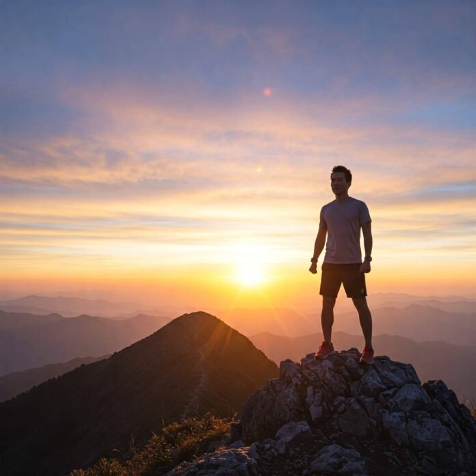 Person on mountain peak at sunrise.