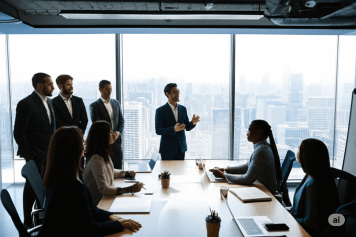 Confident leader with diverse team in modern office symbolizing leadership success.