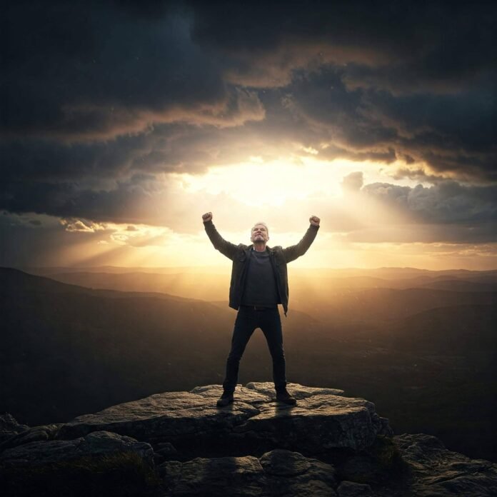 Person on cliff edge, storm clouds parting, sunrise.