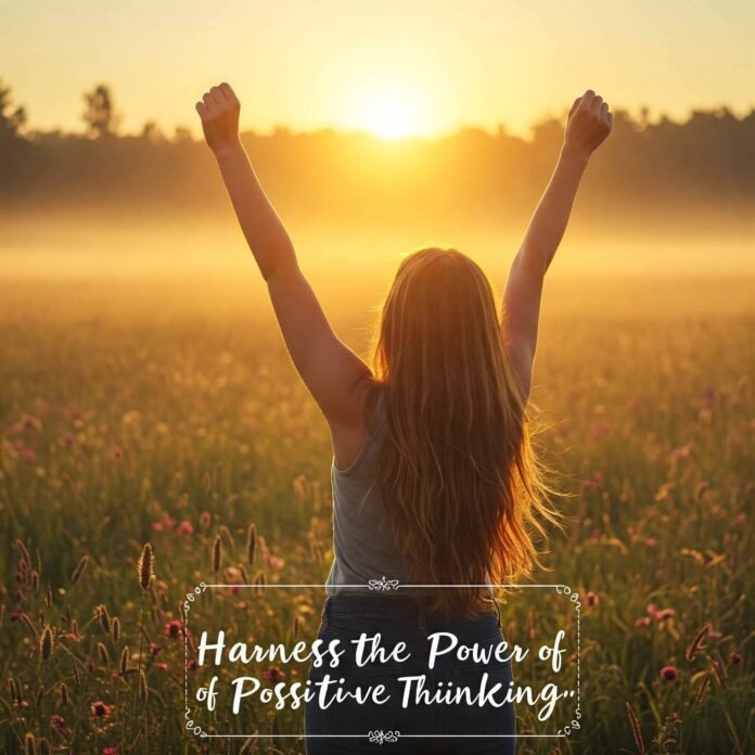 Person in meadow at sunrise, arms raised, with glowing light effect and quote.