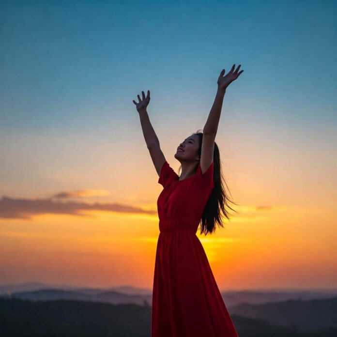 Person with arms raised at sunrise