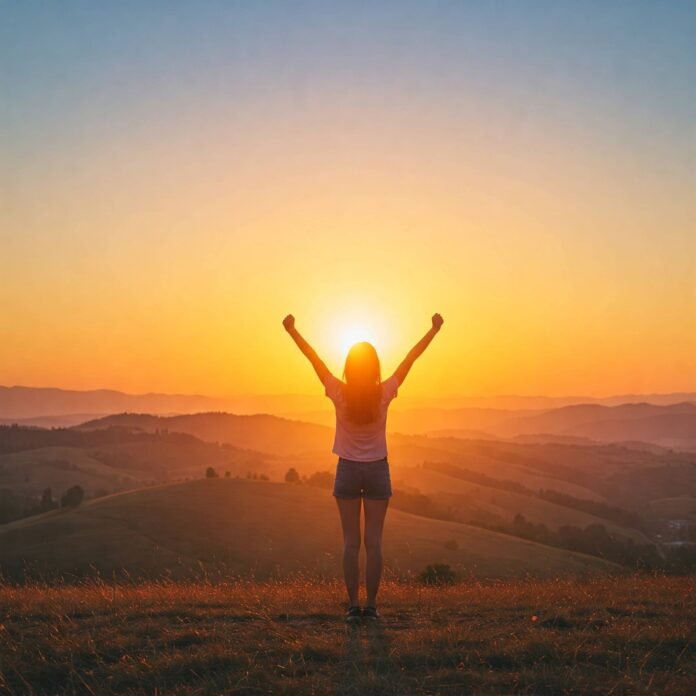 Person on hilltop at sunrise with arms raised