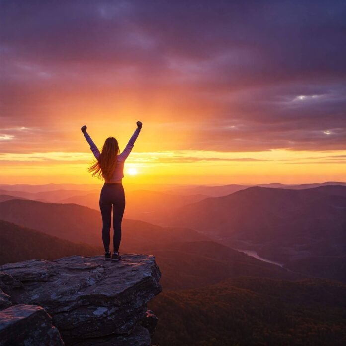Person standing on cliff edge at sunrise, arms raised.