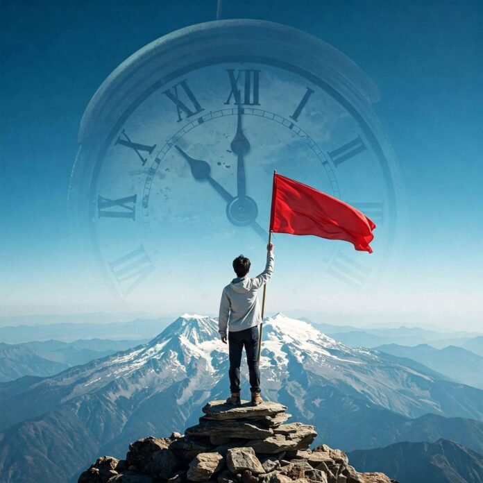 Person on mountain peak with flag and clock in sky, symbolizing triumph over time.