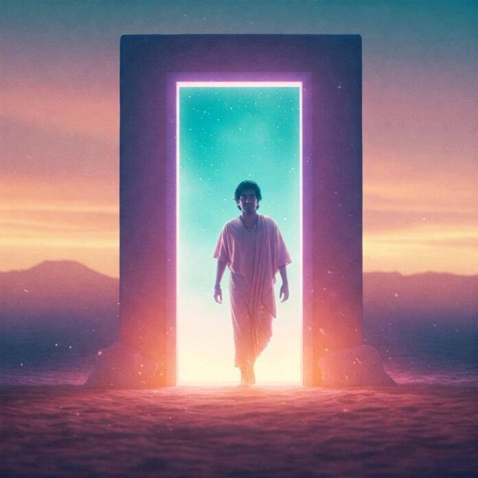 Person stepping through a glowing doorway