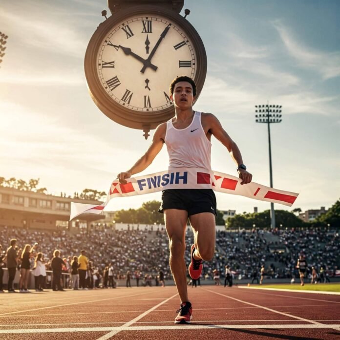 Person crossing finish line with clock symbolizes efficiency and success.