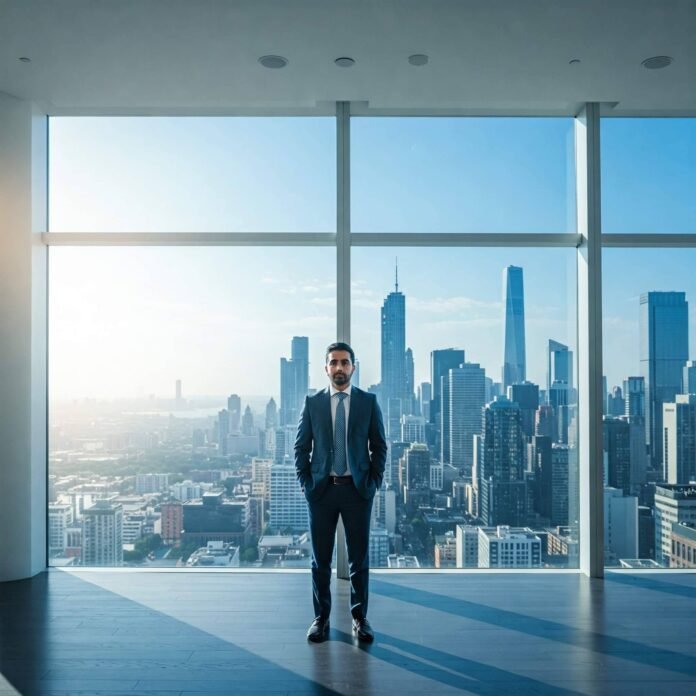 Confident entrepreneur in modern office with city view