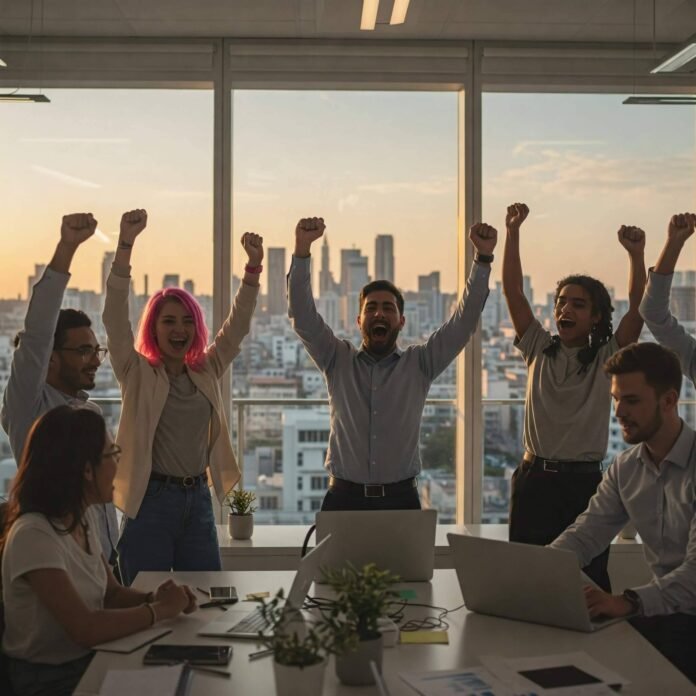 Diverse team cheering in modern office with city skyline, symbolizing unity and success.