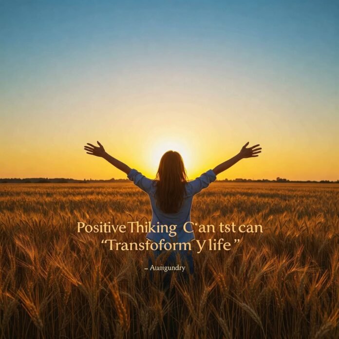 Person in field at sunrise, arms outstretched, with quote overlay.