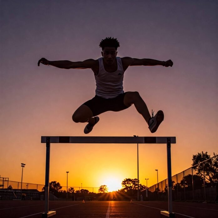 Person leaping over a hurdle at sunrise.