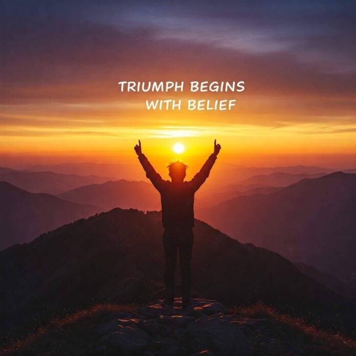 Person on peak at sunrise: Triumph and hope