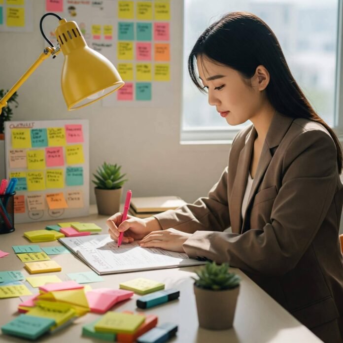 Person checking off to-do list with organized desk symbolizes productivity and success.