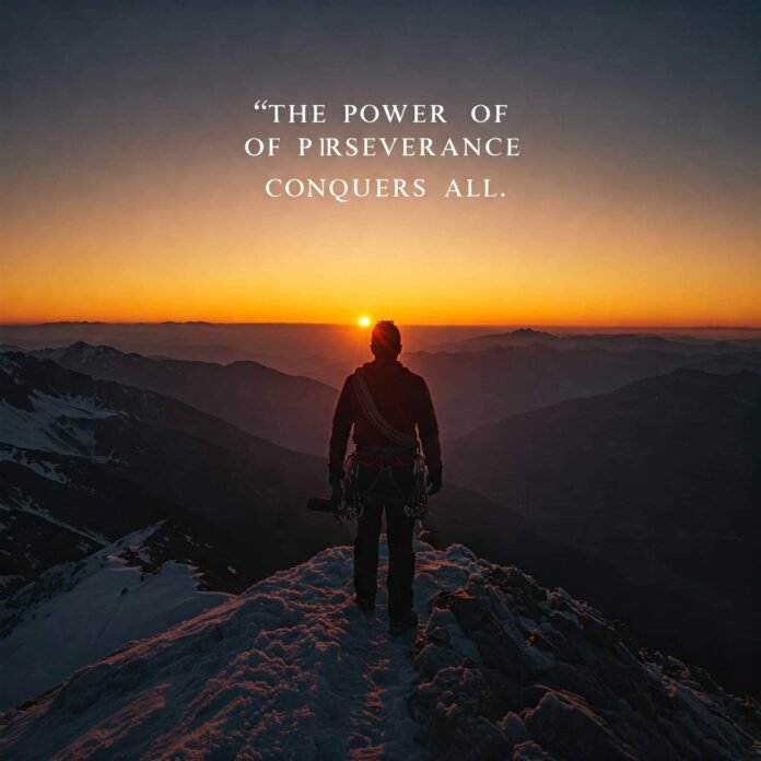 Triumphant climber on peak at sunrise with quote on perseverance.