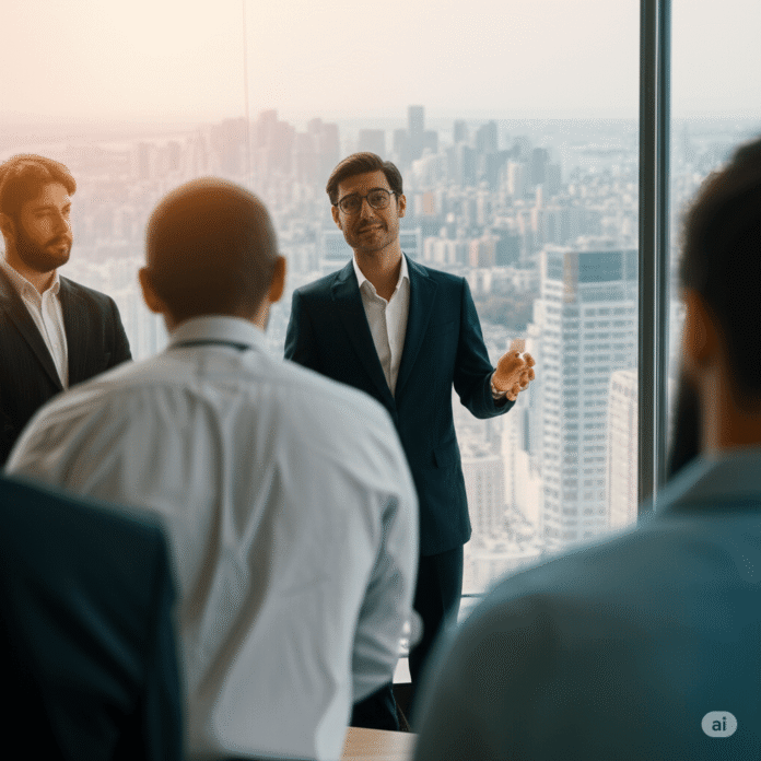 Dynamic image of influential leader addressing team, representing success.