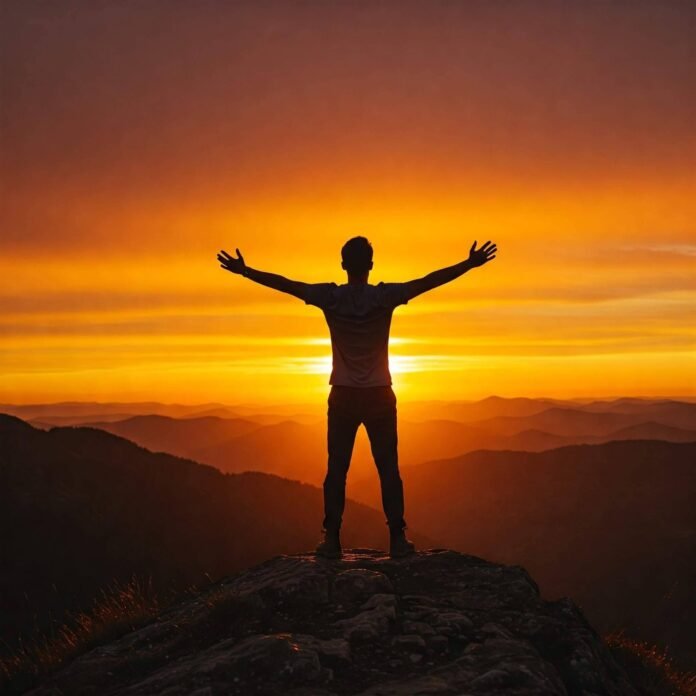 Person on mountaintop at sunset, arms raised.