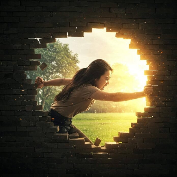 Person breaking through barrier, light behind.